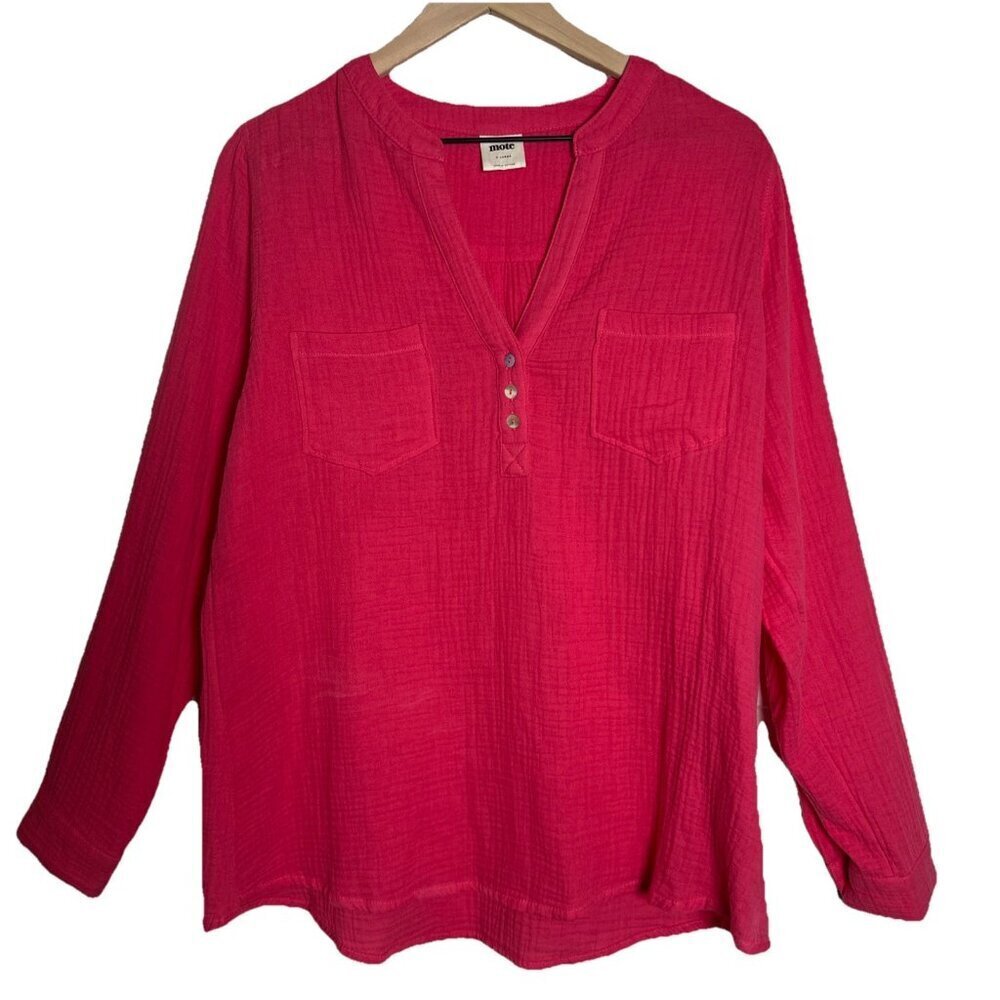 Mote Anthropologie XL Blouse Top Pink Gauze 100% Cotton Vneck Long Sleeve Tunic